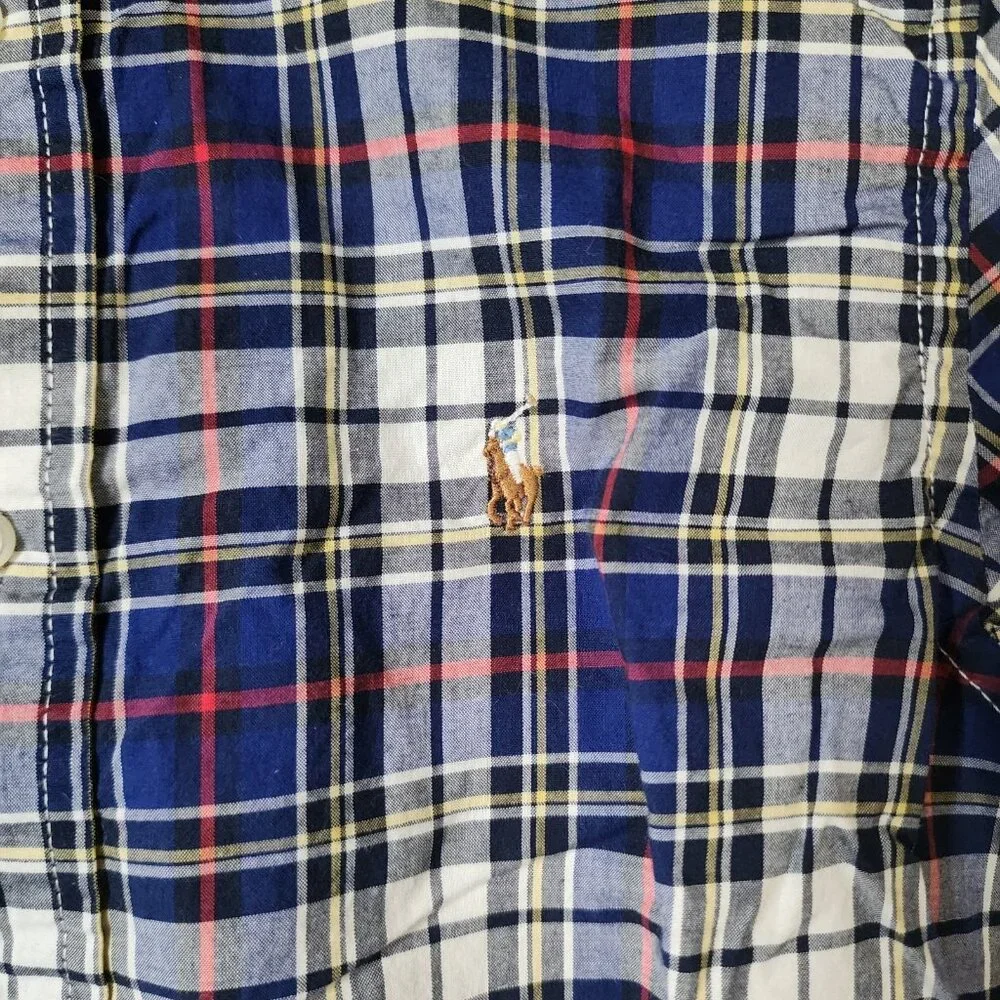Ralph Lauren‎ Youth Size 7 Blue Plaid Natural Stretch Button Down LS Shirt